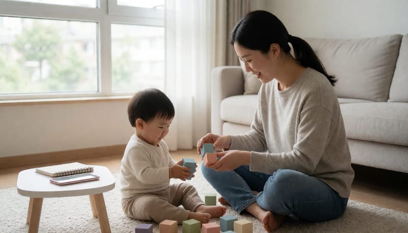 엄마가 아이와 놀아주며 컨디션을 지켜보는 편안한 일상 모습