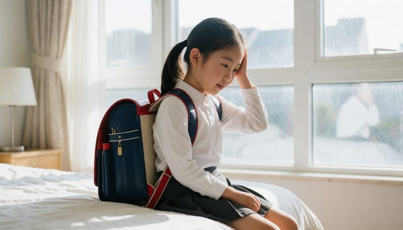 하교 후 가방을 멘 채 한쪽 머리를 손으로 짚고 괴로워하는 아이