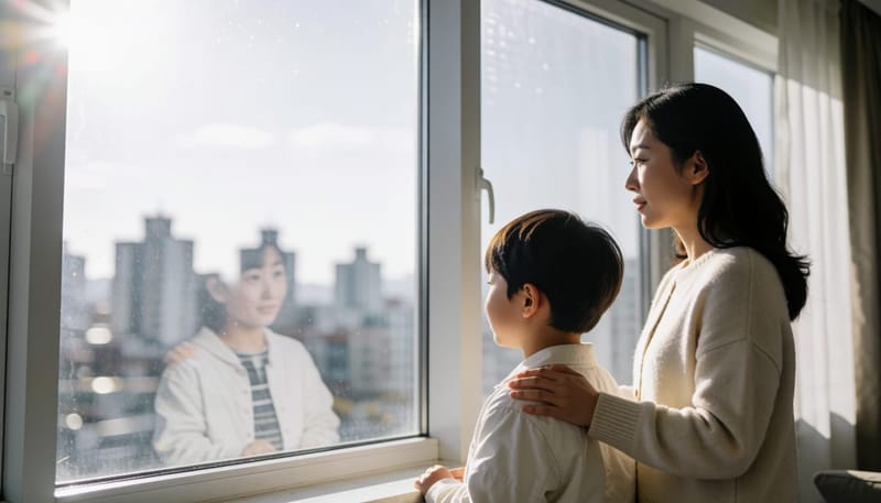 창밖 흐린 미세먼지 하늘을 함께 바라보는 엄마와 아이
