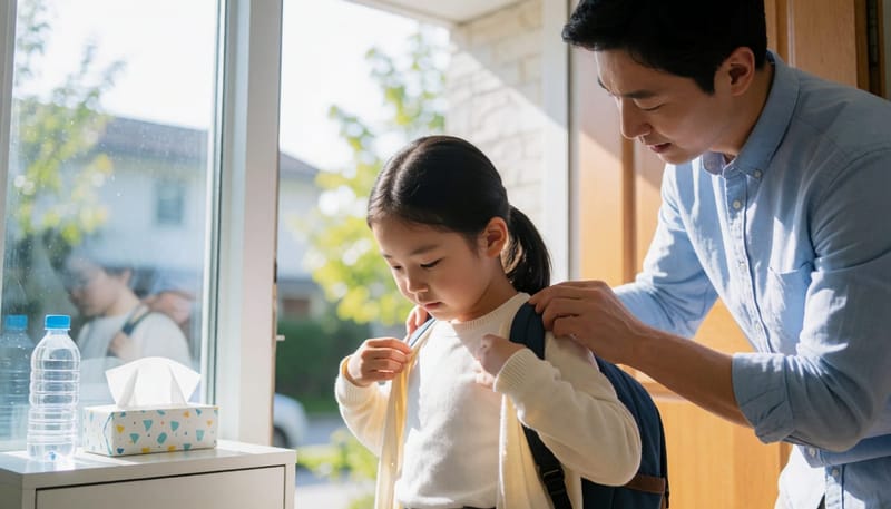 등교 전 겉옷을 챙겨 입혀주는 아빠와 아이의 모습
