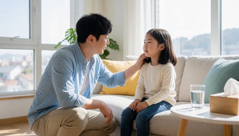 코를 눌러 지혈하는 아빠와 아이