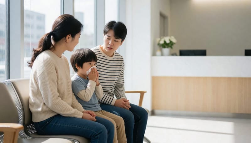 병원 대기실에서 코피를 닦고 있는 아이와 엄마