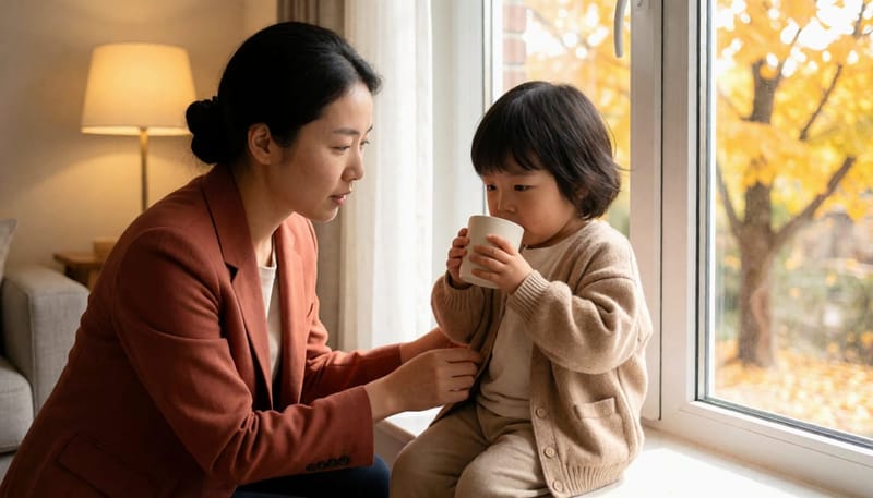 환절기 집 안 창가에서 물을 벌컥벌컥 마시는 아이를 걱정스레 바라보는 엄마