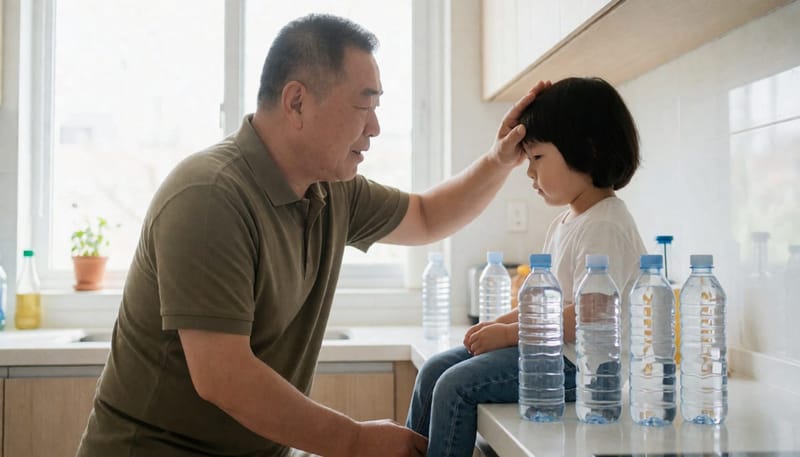집에서 빈 물병을 세워두고 아이의 이마를 짚어보며 상태를 살피는 할아버지