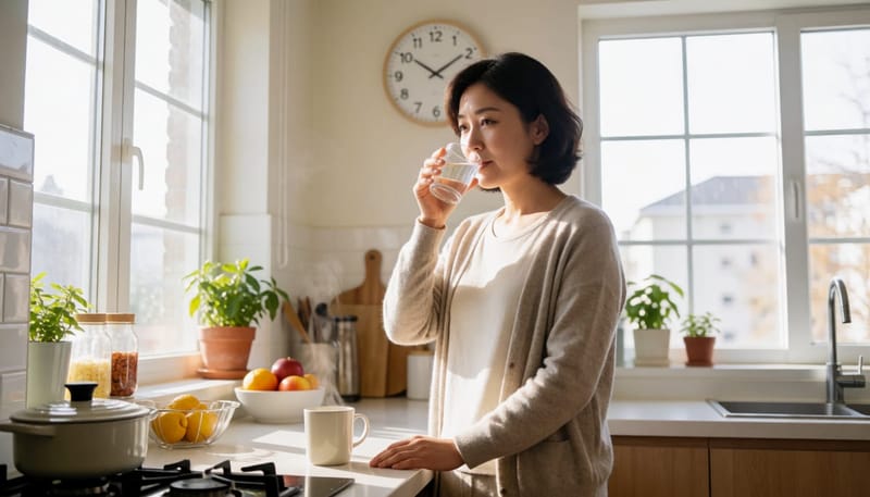 취침 전 저녁 시간에 따뜻한 물을 천천히 마시는 여성