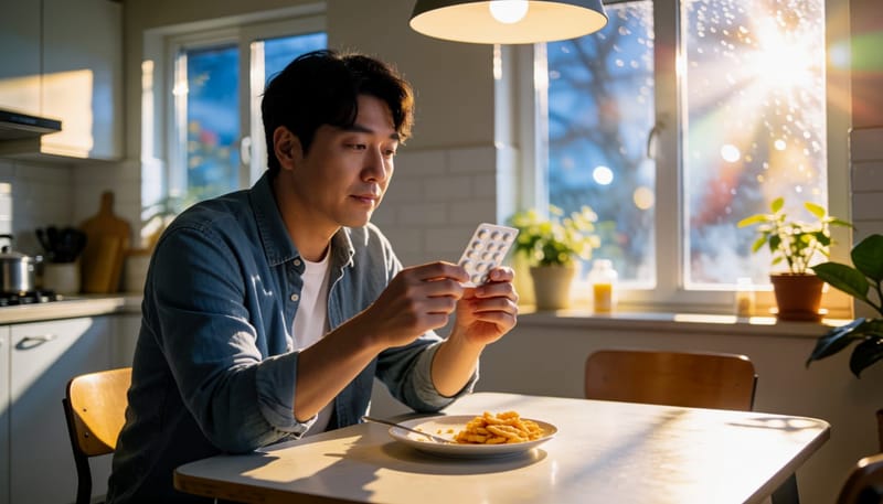 제산제를 손에 들고 고민하는 표정의 남성