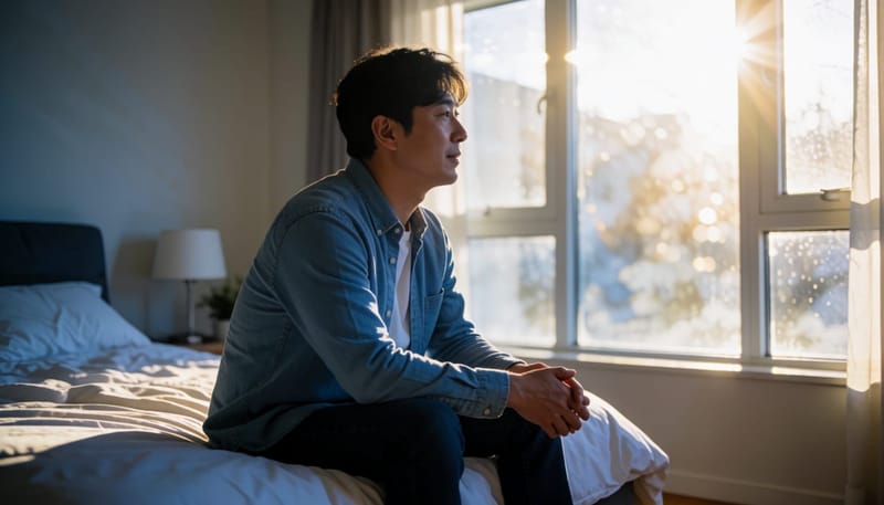 밤에 침대 옆에 걸터앉아 엉덩이 쪽 통증에 몸을 기울이며 괴로워하는 남성