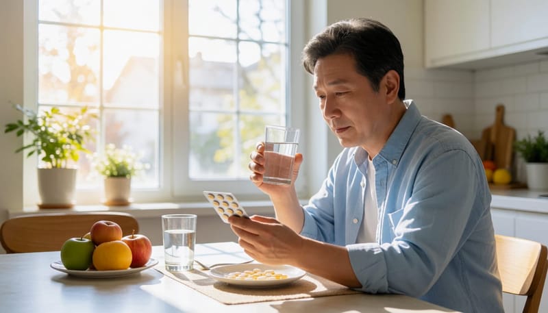 식탁에서 알약을 손에 들고 의심스러운 표정으로 바라보는 남성