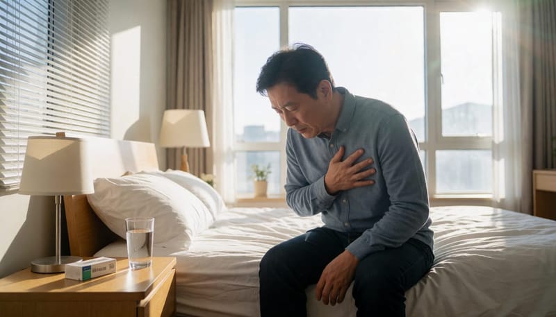 감기 후 가슴을 움켜쥐고 침대에 앉아있는 중년 남성