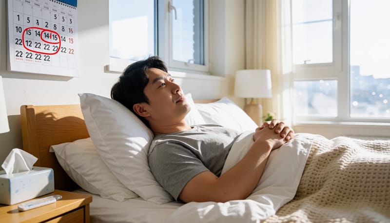 달력을 배경으로 침대에 누워 회복 중인 남성