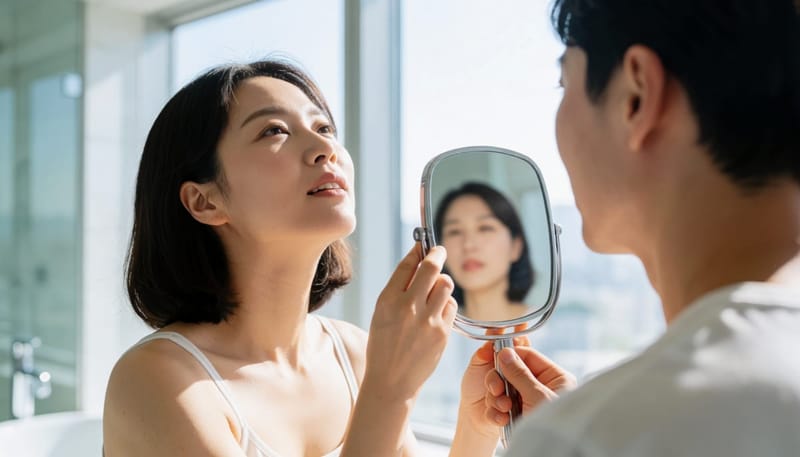 거울로 목 안쪽을 비춰보며 편도 상태를 확인하는 여성