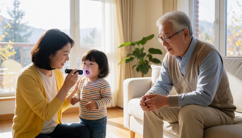 어린 자녀의 목을 살펴보는 엄마와 턱을 만지며 불편해하는 고령 남성을 함께 담은 장면