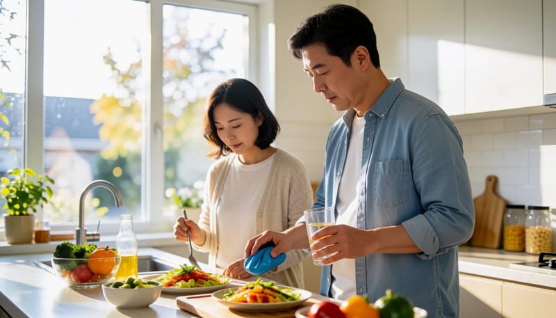 턱에 얼음찜질을 하며 물을 마시는 중년 남성의 자기관리 모습