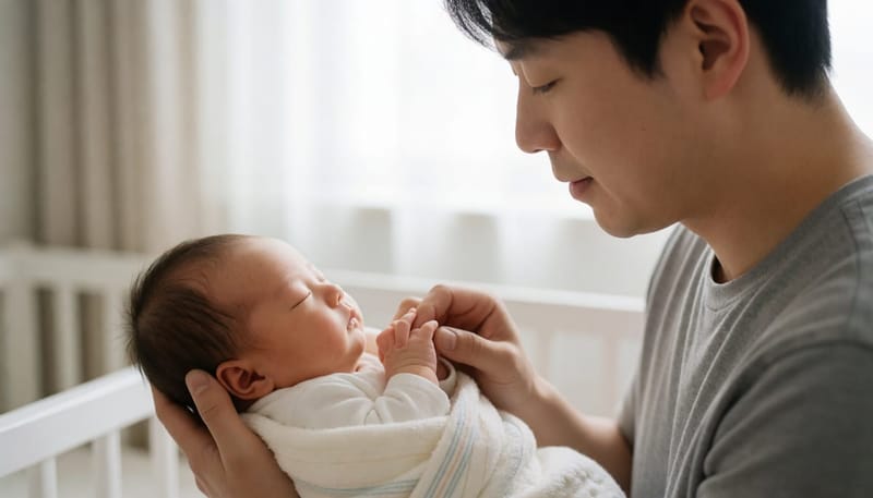 신생아를 안고 있는 아버지의 다정한 모습