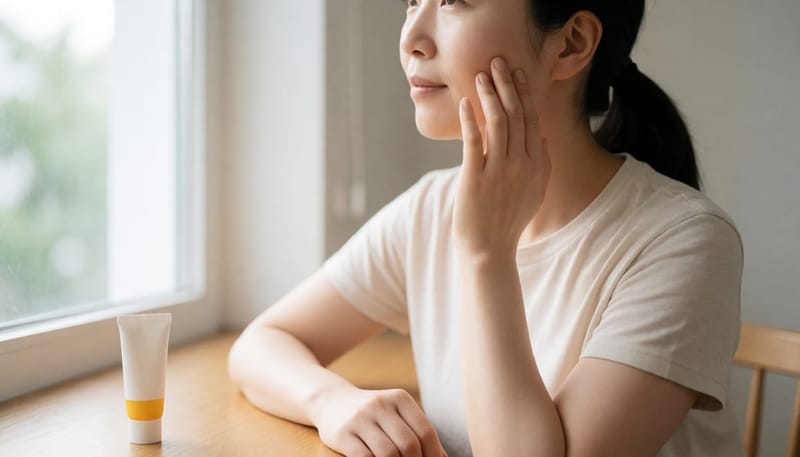 환절기에 선크림 자극으로 뺨이 붉어진 여성이 얼굴을 만지는 모습