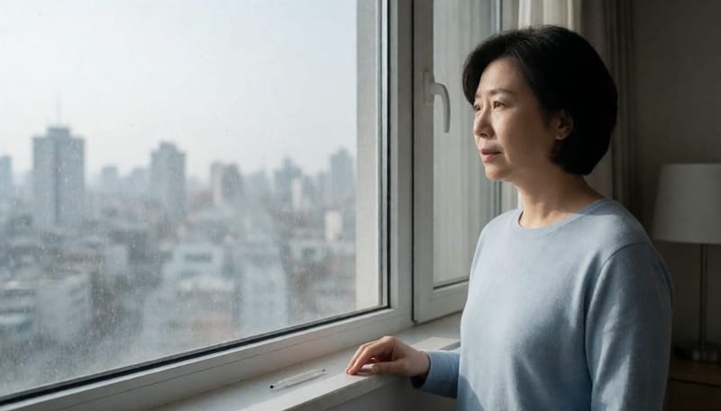미세먼지 낀 뿌연 도시를 창문 너머로 바라보는 여성, 창가의 온도계