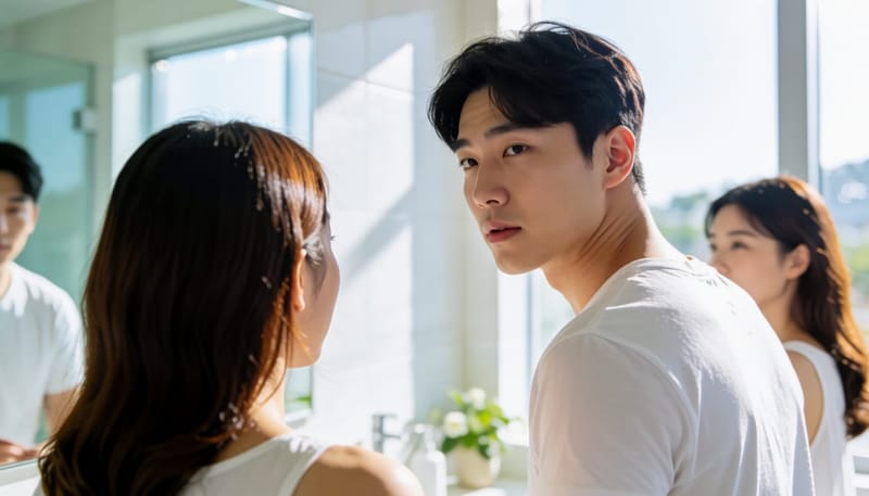 거울 앞에서 엉덩이 골 위쪽을 살펴보며 걱정스러운 표정을 짓는 남성