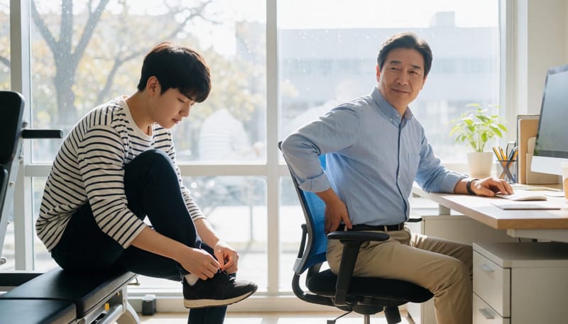 체육관의 십대와 사무실의 중년 남성이 함께 있는 장면으로 나이대별 차이를 표현