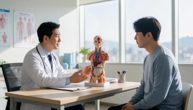 진료실에서 의사가 모형을 보여주며 환자에게 설명하는 모습