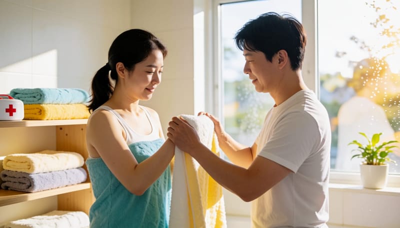 샤워 후 청결관리를 위해 수건으로 허리 부위를 닦는 여성의 모습
