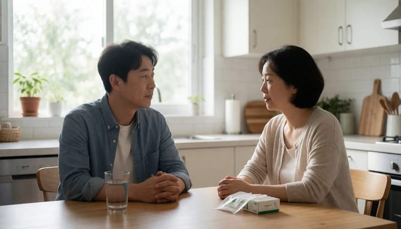 요충 증상에 대해 진지하게 이야기 나누는 부모의 모습