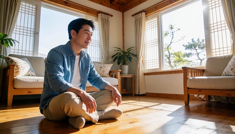 양반다리로 앉았다가 일어나며 엉덩이 바깥쪽을 짚고 통증을 느끼는 남성