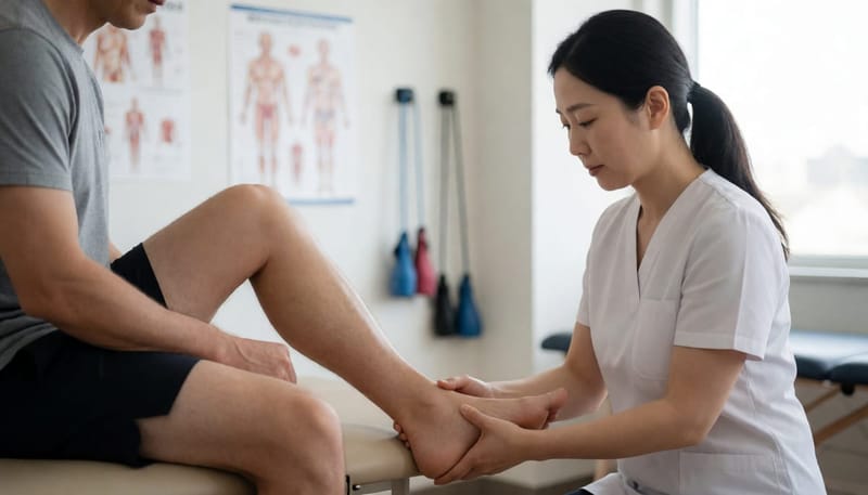 물리치료사가 환자의 발뒤꿈치를 촉진하며 상태를 확인하는 모습