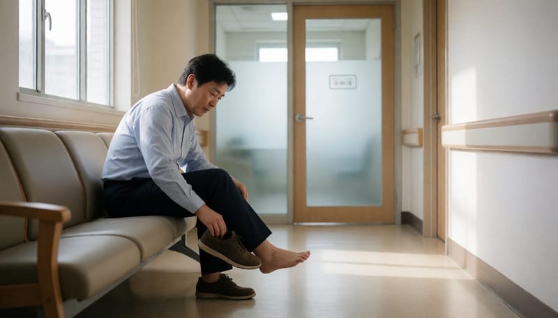 병원 대기 공간에서 신발을 들고 발 상태를 살피며 고민하는 남성