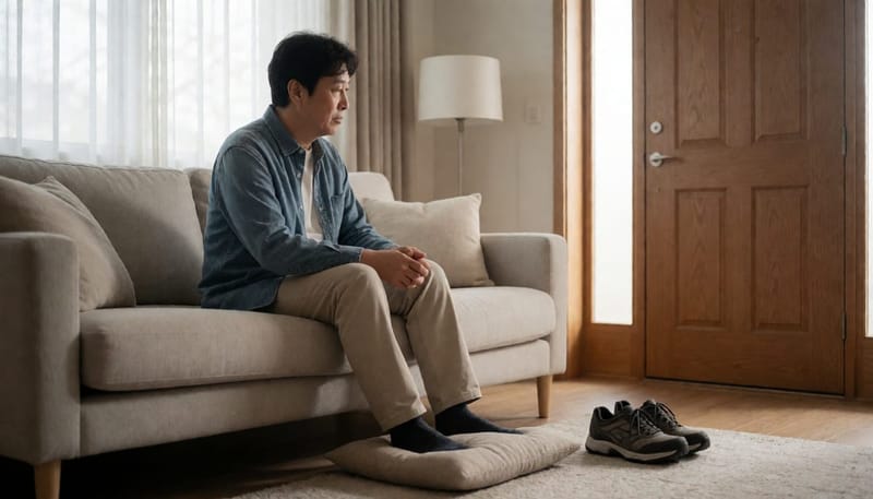 움직임을 피하고 앉아 쉬는 중년 남성