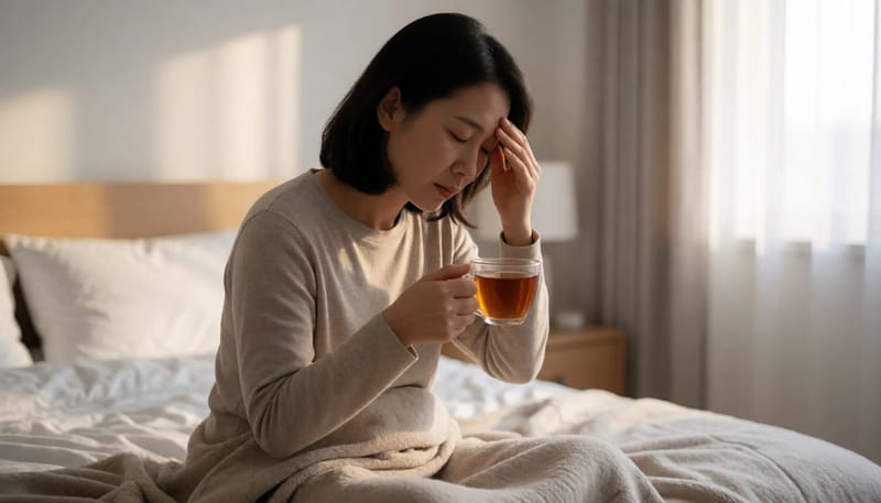 이른 아침 침대에 걸터앉아 이마를 짚으며 지친 표정을 짓는 여성