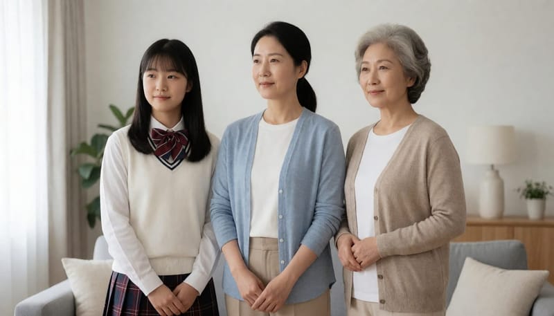 10대, 30대, 50대 여성이 나란히 서서 서로 다른 표정을 짓는 모습