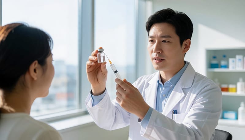 진료실에서 백신 원리를 설명하는 의사