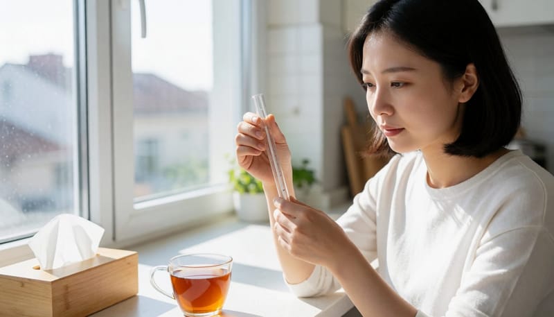 체온계로 열을 확인하며 감기 증상을 살피는 여성