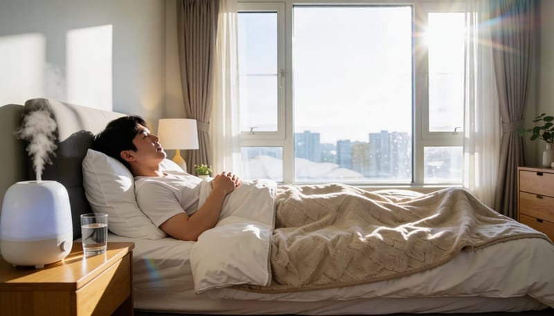 가습기와 함께 충분히 쉬며 생활관리를 하는 모습