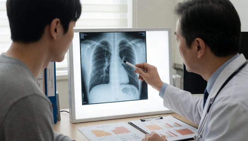 흉부 엑스레이를 가리키며 폐 상태를 설명하는 의사와 마른 체형의 젊은 남성 환자