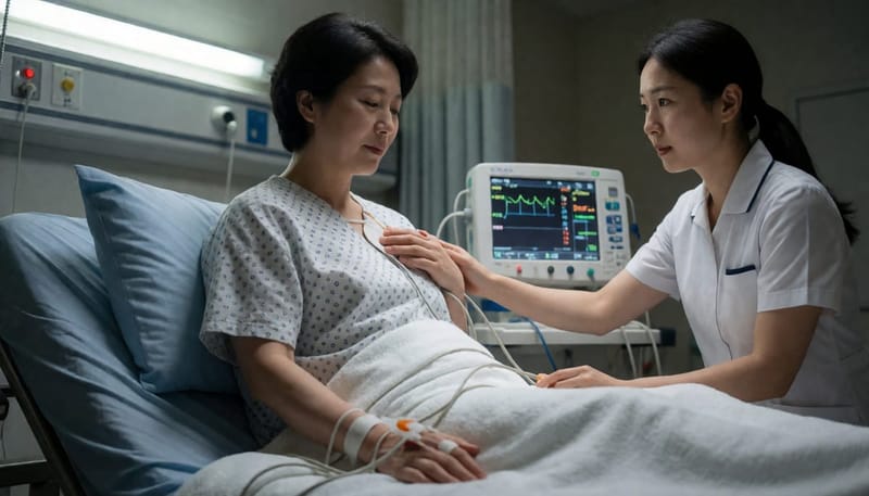 흉통을 호소하며 심전도 모니터를 연결한 채 응급실 침대에 앉은 여성과 급히 확인하는 간호사