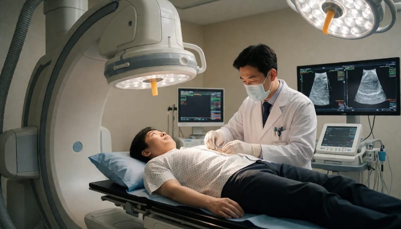 흉부 시술 중 C-arm 장비 아래에서 조직검사를 진행하는 의료진과 누워있는 환자