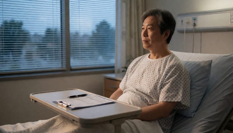 재수술 동의서를 앞에 두고 병실 창밖을 바라보며 생각에 잠긴 중년 남성