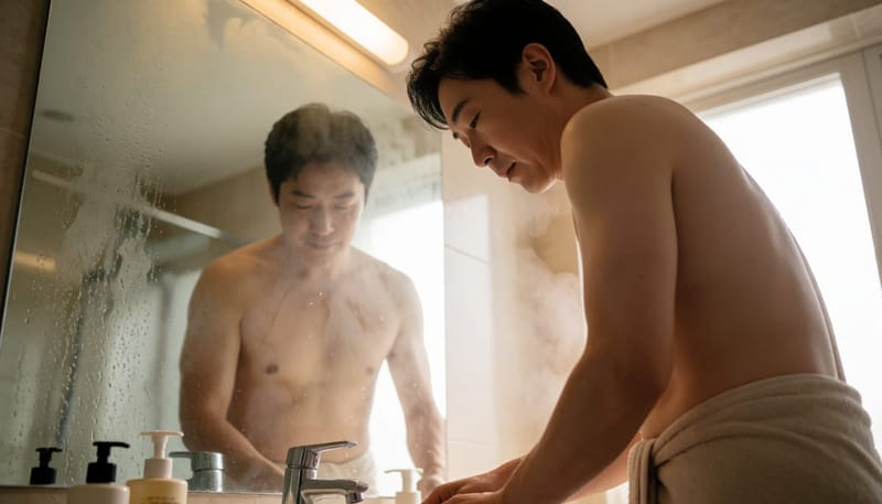 샤워 후 좌우 종아리 굵기 차이를 살펴보는 남성의 모습