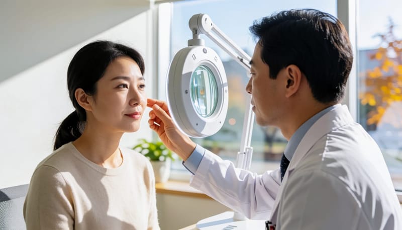 환절기 진료실에서 모공 상태를 확인받는 여성