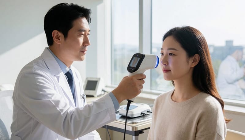 피부과 의사가 진단기기로 모공 타입을 검사하는 모습