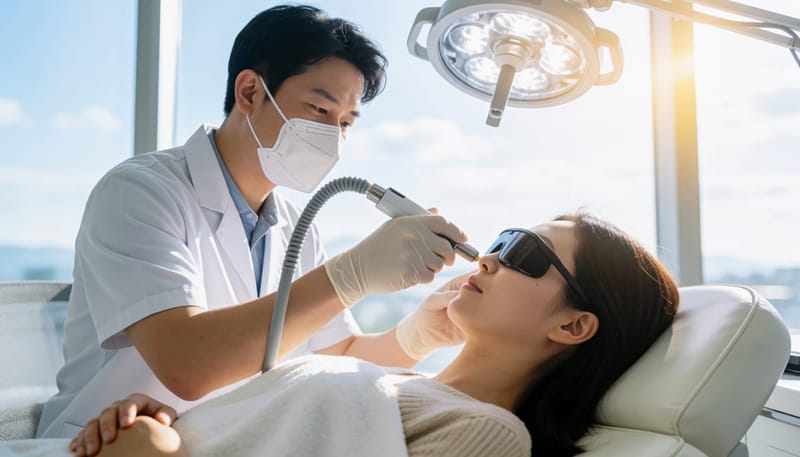 레이저 장비로 콧볼 모공 시술을 받는 환자의 모습
