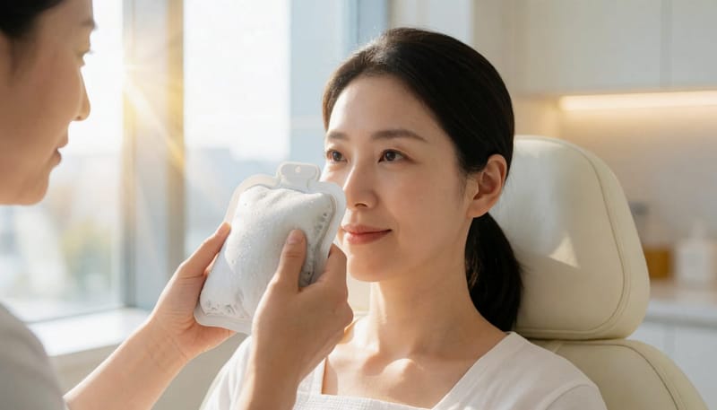 레이저 시술 후 붉어진 피부에 쿨팩을 대고 있는 모습