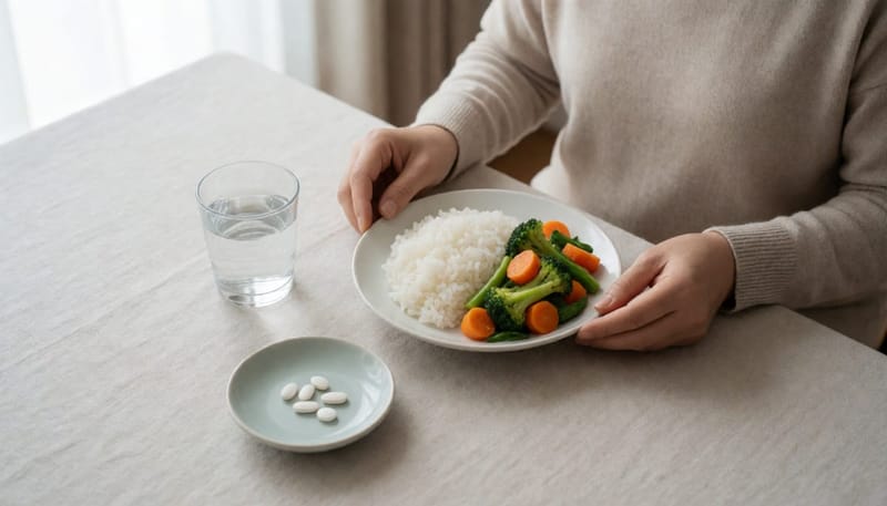 저FODMAP 식단과 약물을 함께 두고 고민하는 모습