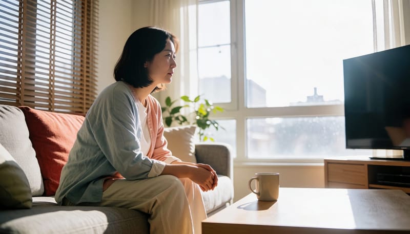 연휴 끝나고 소파에 멍하니 앉아있는 여성