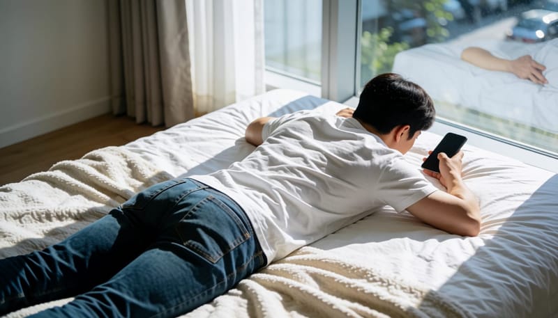 피로감에 침대에 엎드려 있는 남성