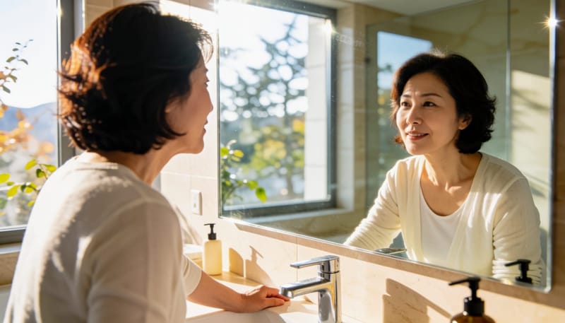 거울 속 피곤한 얼굴을 확인하는 여성