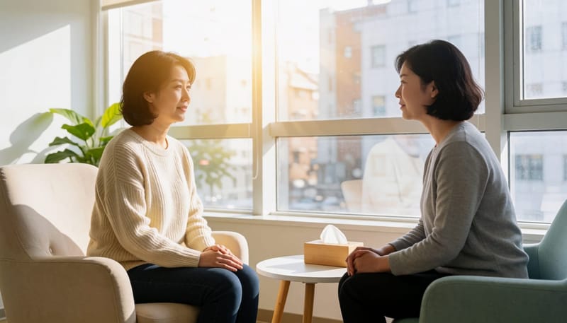 상담실에서 전문가와 이야기하는 여성