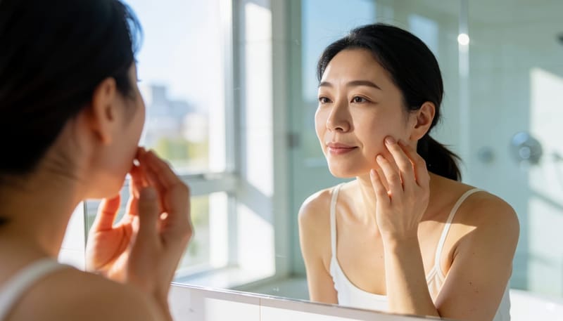 거울 앞에서 레이저 시술 부위의 색소침착을 손끝으로 확인하는 여성