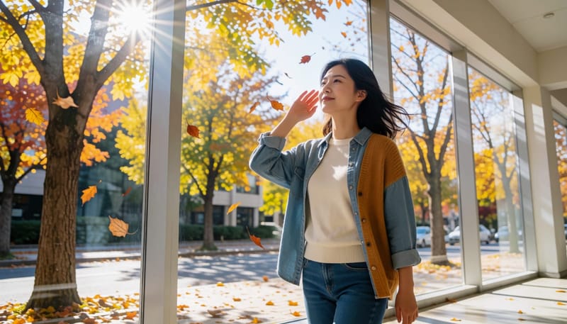 환절기 거리에서 얼굴에 비치는 햇빛을 손으로 가리는 여성